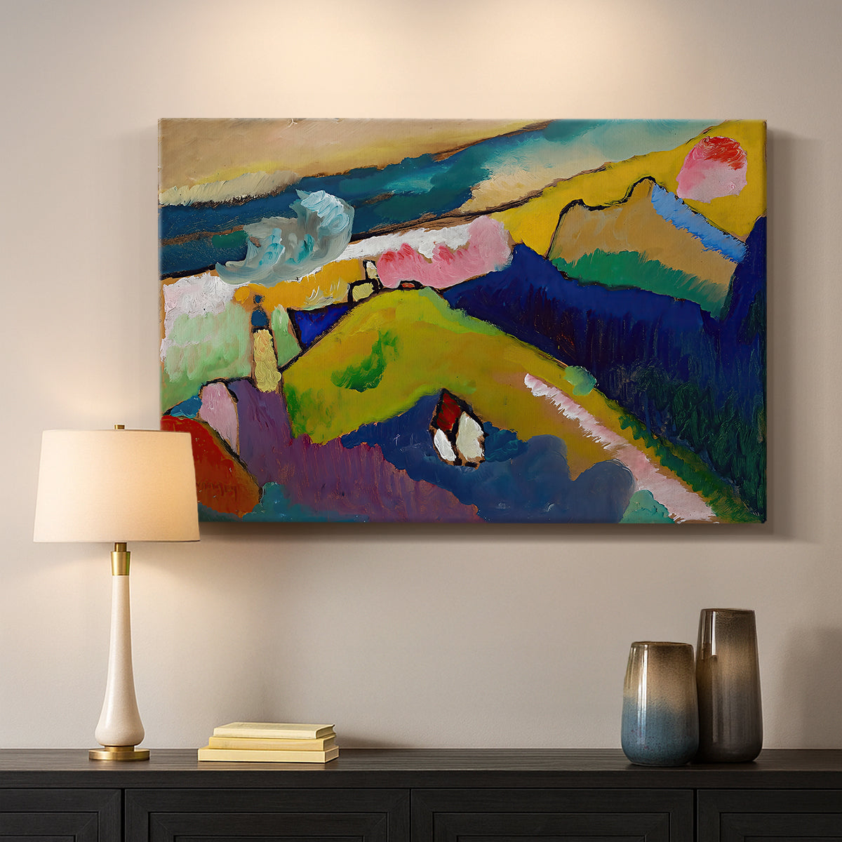 Canvas art print detailing a stylized composition featuring church within mountainous setting, mounted in a softly lit interior space