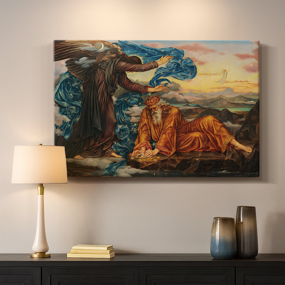Canvas art print detailing a classical-style figure lying in ornate, mystical environment, mounted in a softly lit interior space