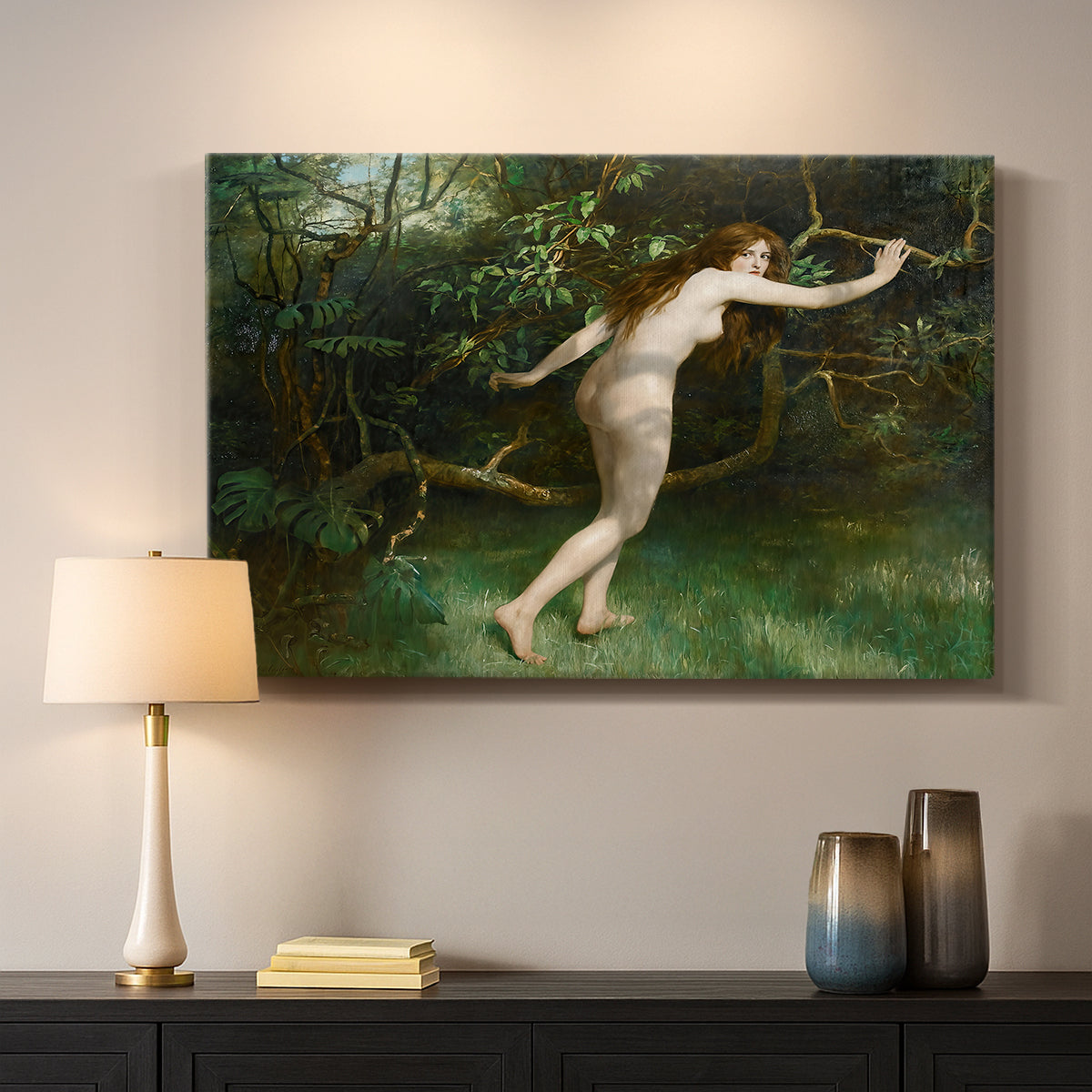 Canvas art print detailing a symbolic solitary female figure, mounted in a softly lit interior space