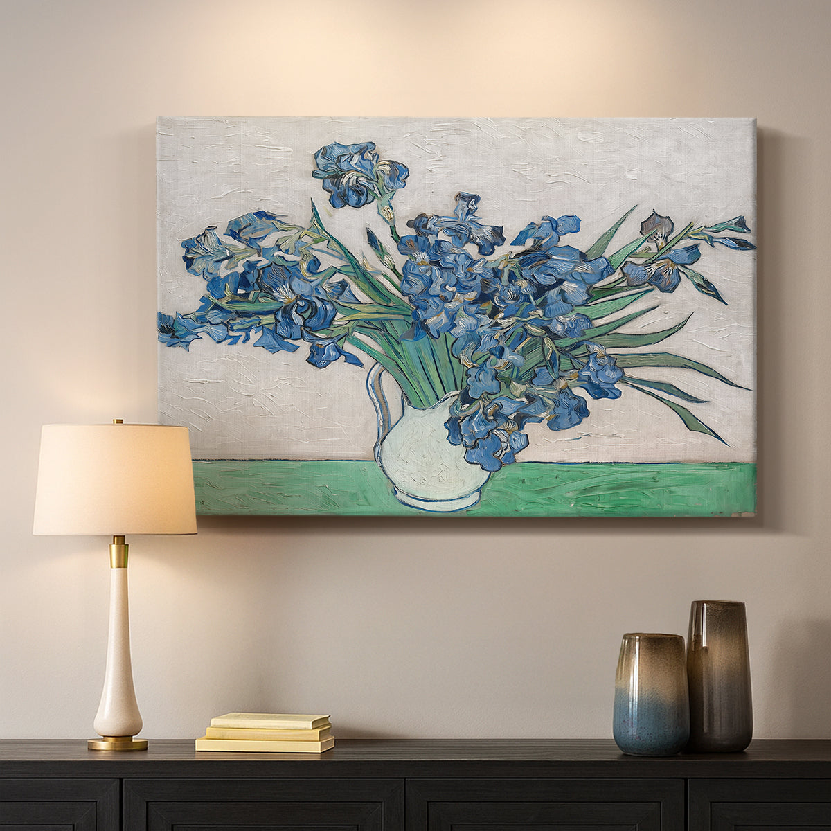 Canvas art print detailing a stylized botanical composition with texture, mounted in a softly lit interior space