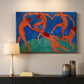 Canvas art print detailing a stylized dance scene with strong color contrast, mounted in a softly lit interior space