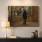 Canvas art print detailing a contemplative moment with figure in art-filled space, mounted in a softly lit interior space