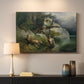 Canvas art print detailing a dramatic lakeside setting with wildlife, mounted in a softly lit interior space