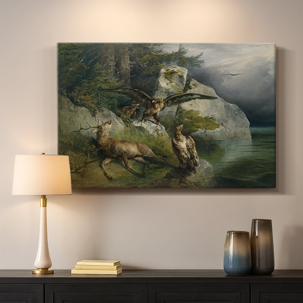 Canvas art print detailing a dramatic lakeside setting with wildlife, mounted in a softly lit interior space