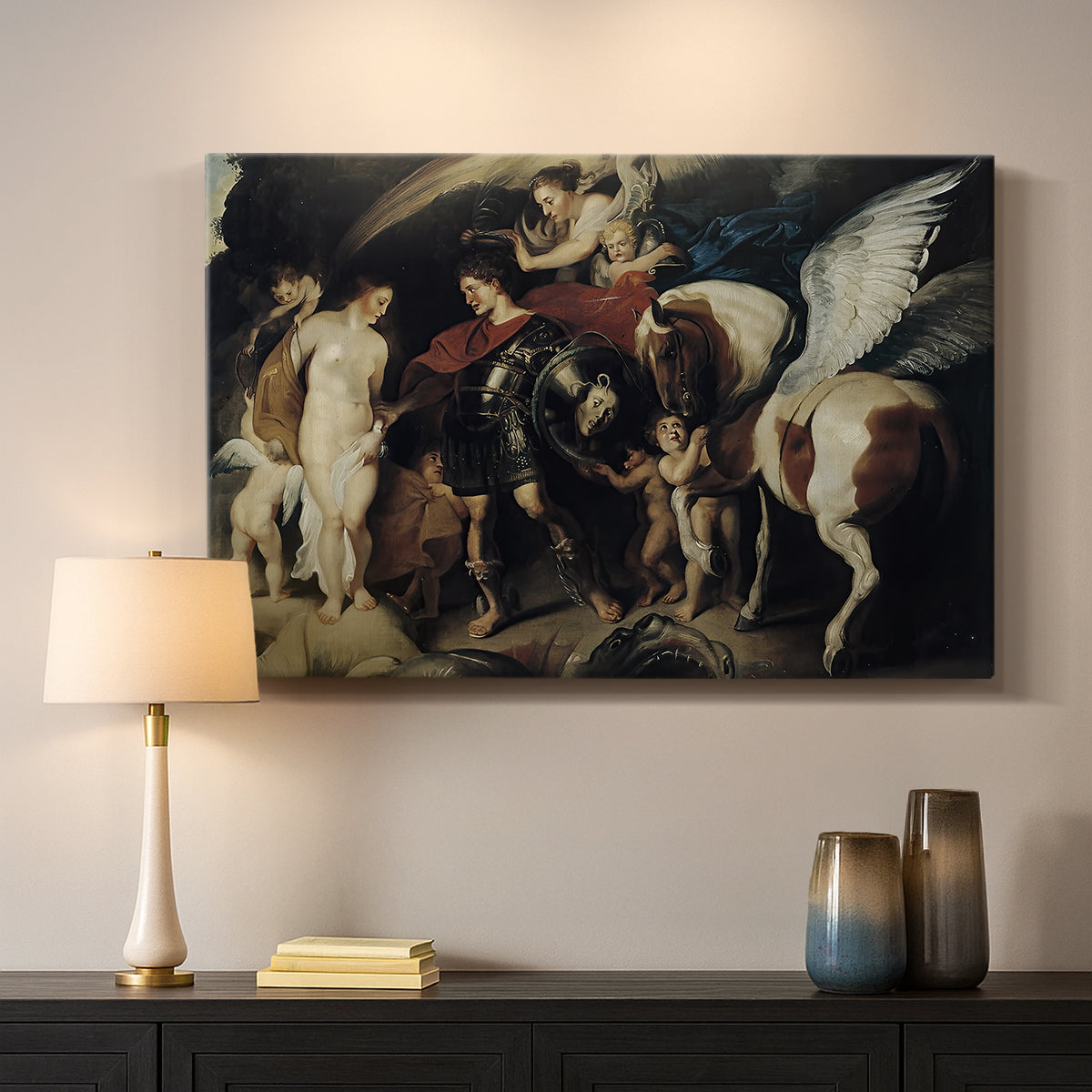 Canvas art print detailing a classical depiction of mythological rescue, mounted in a softly lit interior space