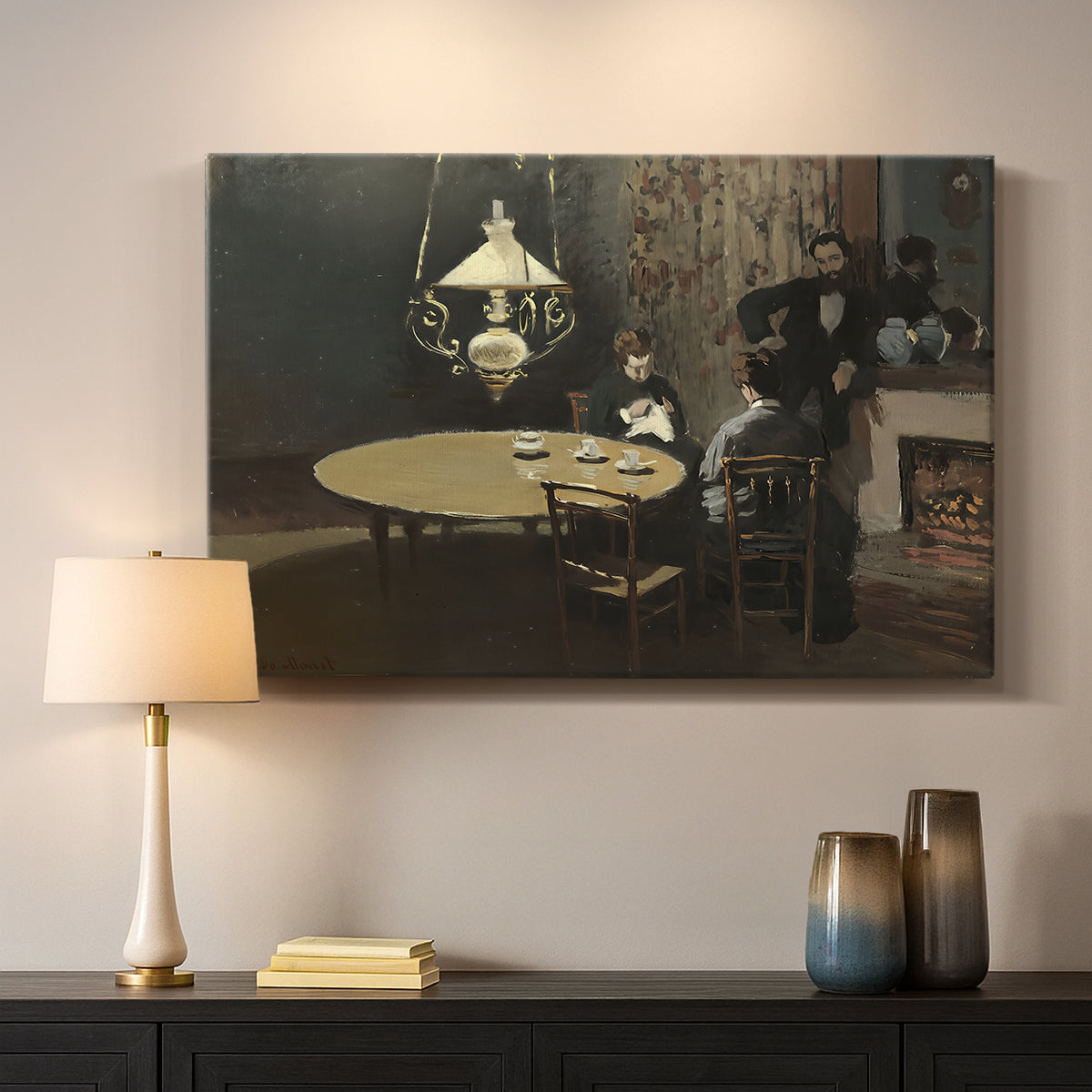 Canvas art print detailing an intimate indoor scene with figure and table in low lighting, mounted in a softly lit interior space