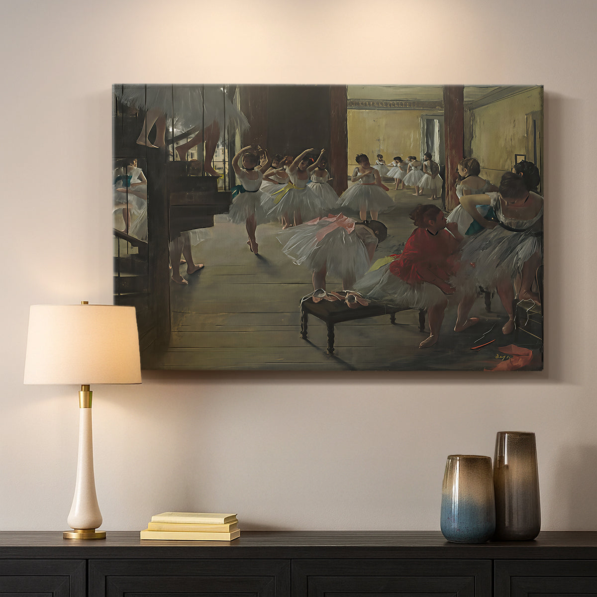 Canvas art print detailing a group of dancers preparing during class with natural light, mounted in a softly lit interior space