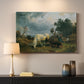 Canvas art print detailing a realistic field with animals, mounted in a softly lit interior space