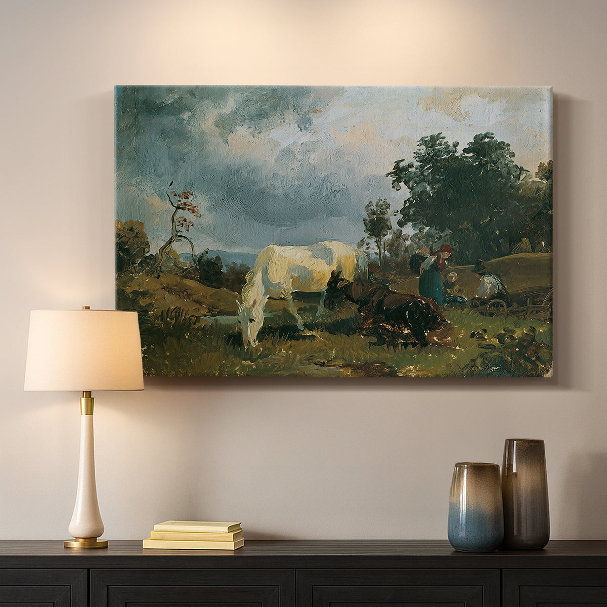 Canvas art print detailing a realistic field with animals, mounted in a softly lit interior space