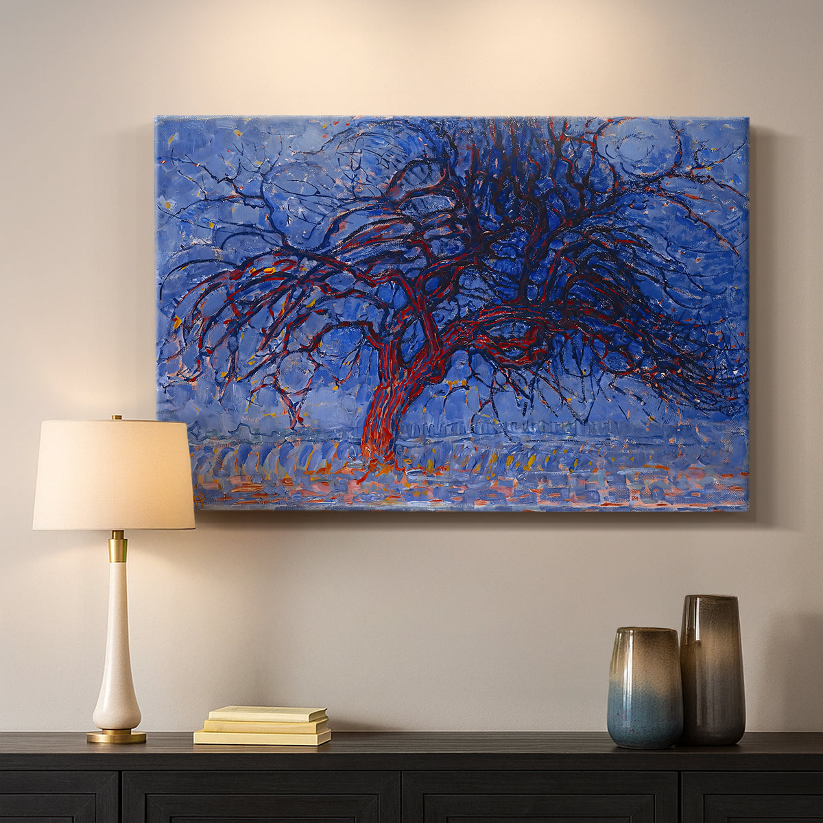 Canvas art print detailing an early modern depiction of tree using bold contrast, mounted in a softly lit interior space