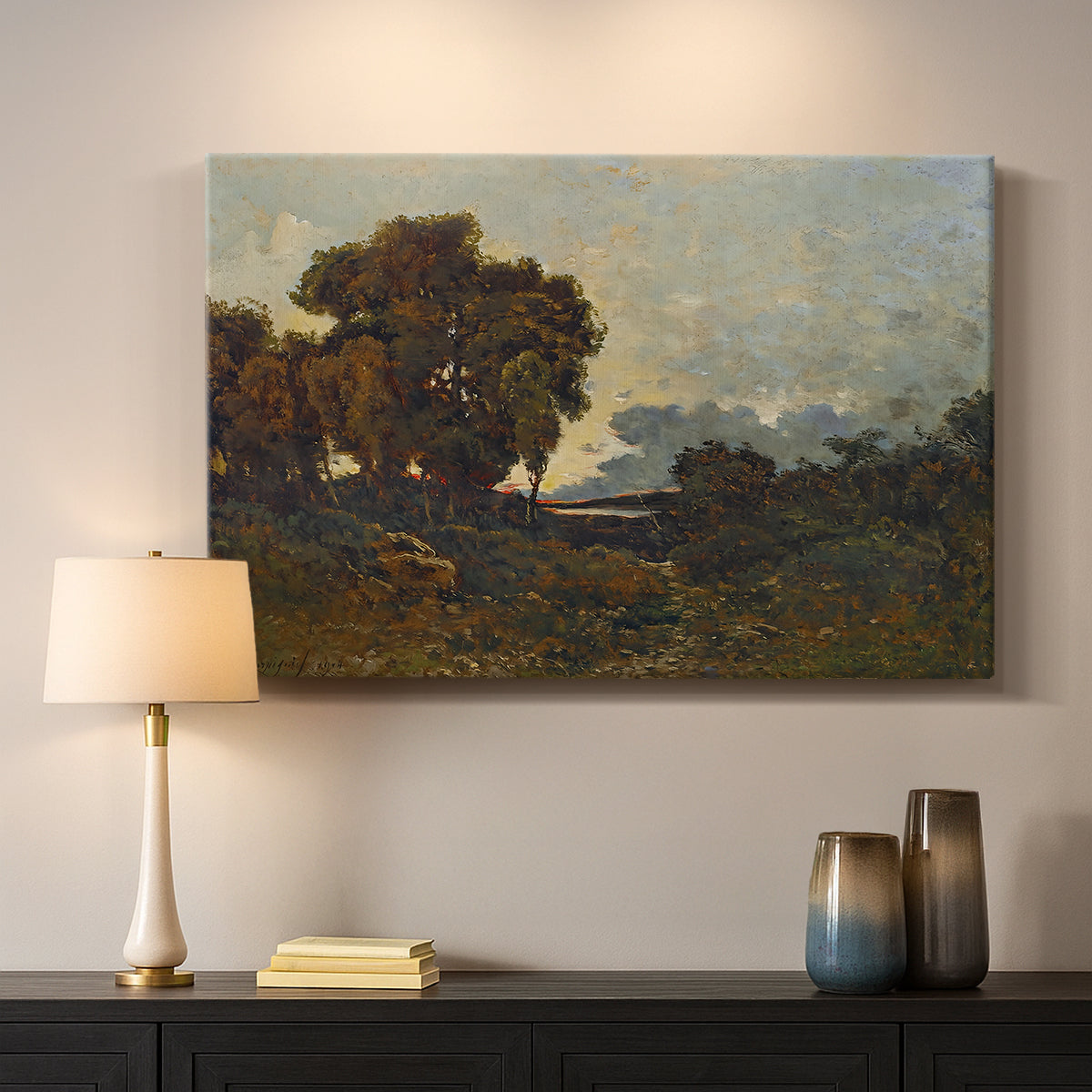 Canvas art print detailing an atmospheric landscape with soft light fading across horizon, mounted in a softly lit interior space