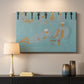 Canvas art print detailing a stylized scene of social gathering with bold color use, mounted in a softly lit interior space