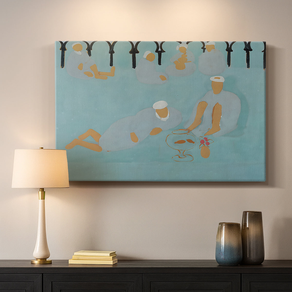 Canvas art print detailing a stylized scene of social gathering with bold color use, mounted in a softly lit interior space