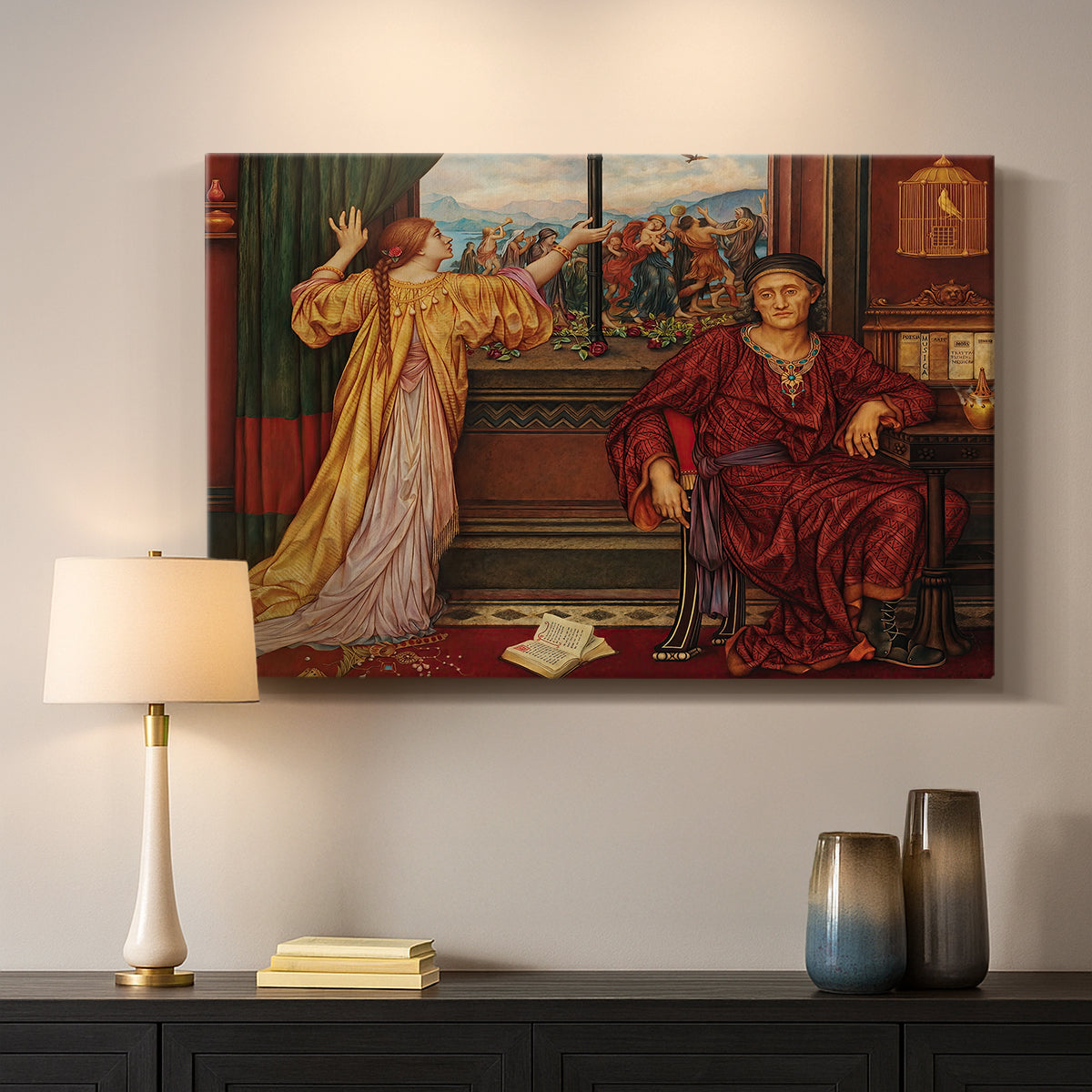 Canvas art print detailing an allegorical depiction of beauty and captivity, mounted in a softly lit interior space
