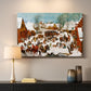 Canvas art print detailing a historical tragedy scene in a village, mounted in a softly lit interior space