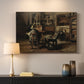 Canvas art print detailing a studio setting with layered objects and muted lighting, mounted in a softly lit interior space