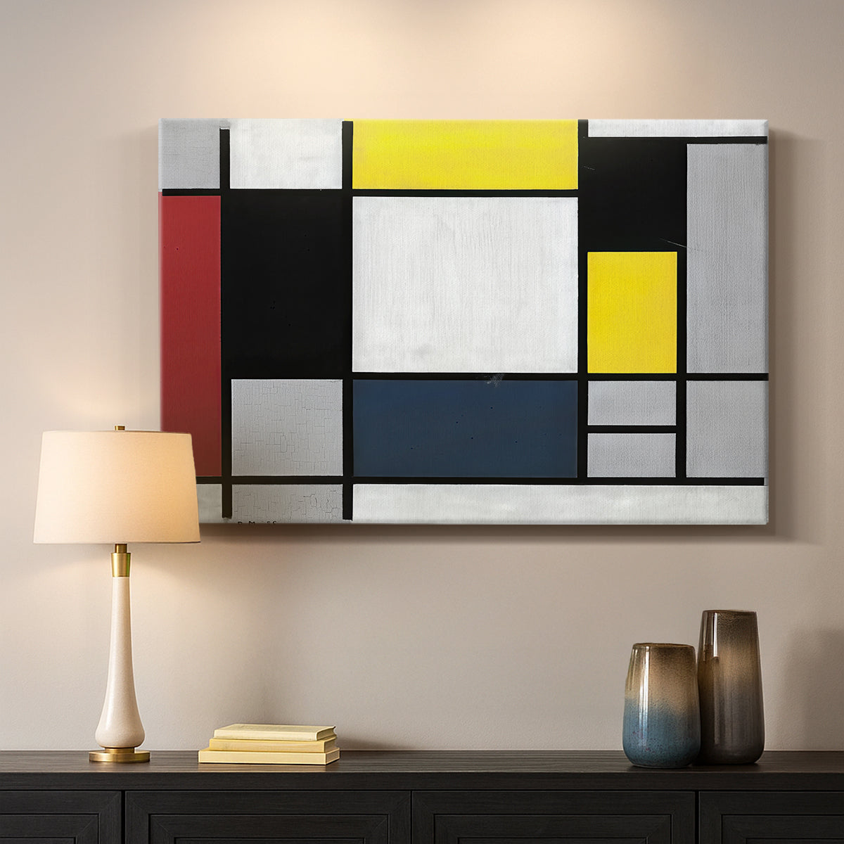 Canvas art print detailing a modernist structure, mounted in a softly lit interior space