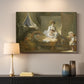 Canvas art print detailing a narrative composition with figures in intimate interior, mounted in a softly lit interior space