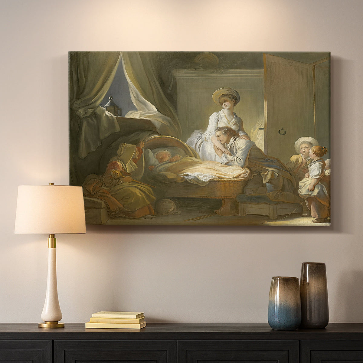 Canvas art print detailing a narrative composition with figures in intimate interior, mounted in a softly lit interior space
