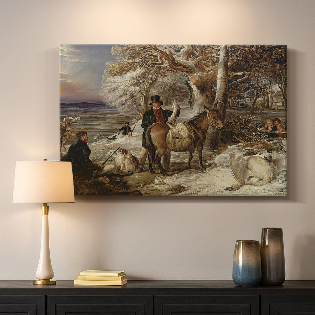 Canvas art print detailing a countryside scene capturing aftermath of hunt, mounted in a softly lit interior space