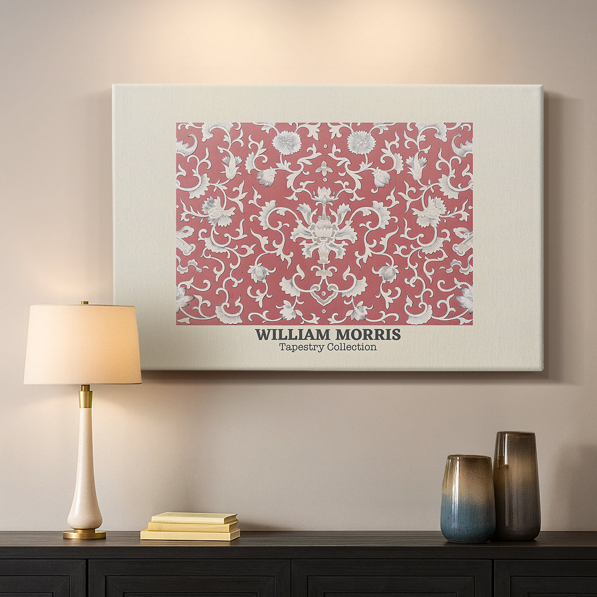 Canvas art print detailing a textile composition featuring symmetrical flower motifs, mounted in a softly lit interior space