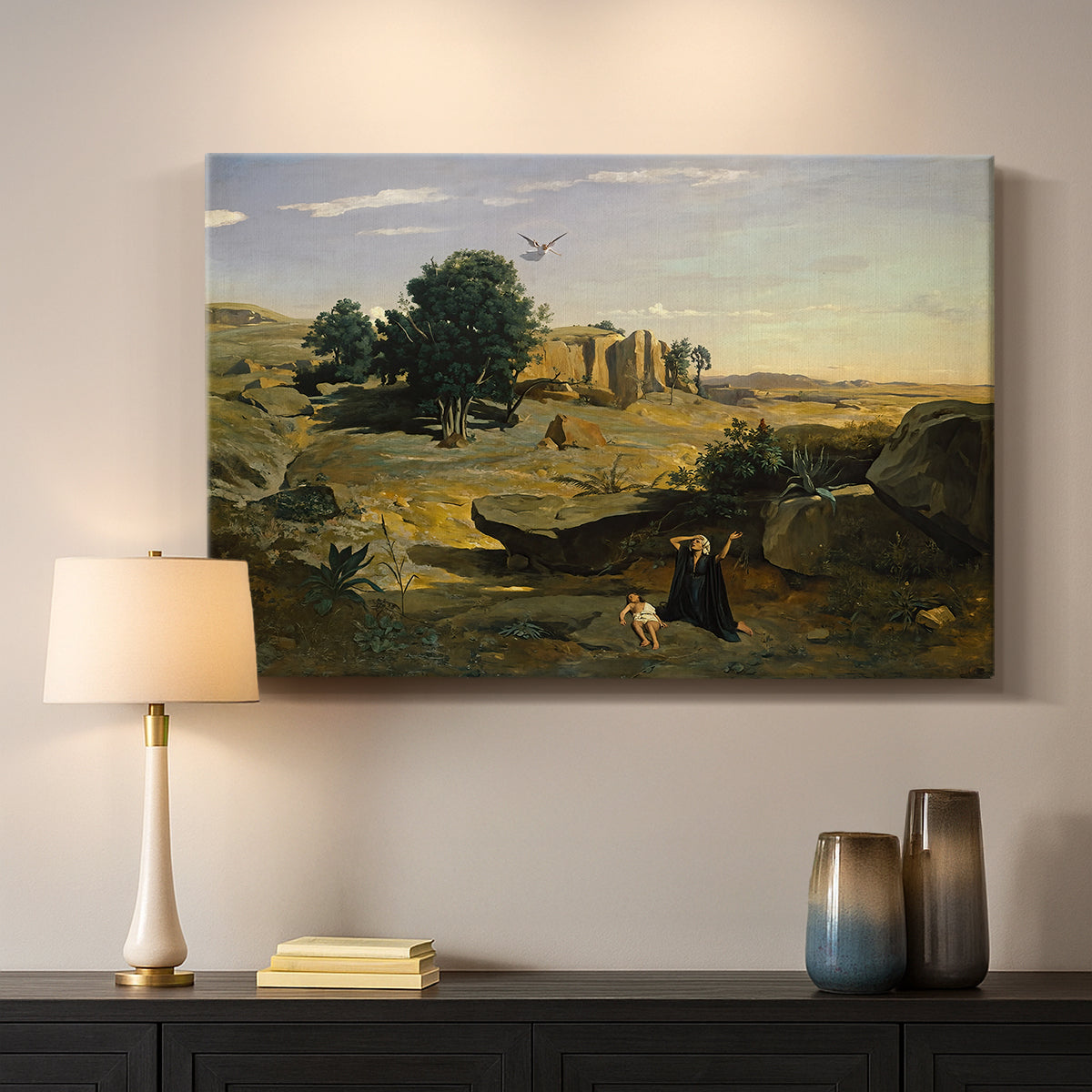 Canvas art print detailing a subdued composition combining figure and wilderness, mounted in a softly lit interior space