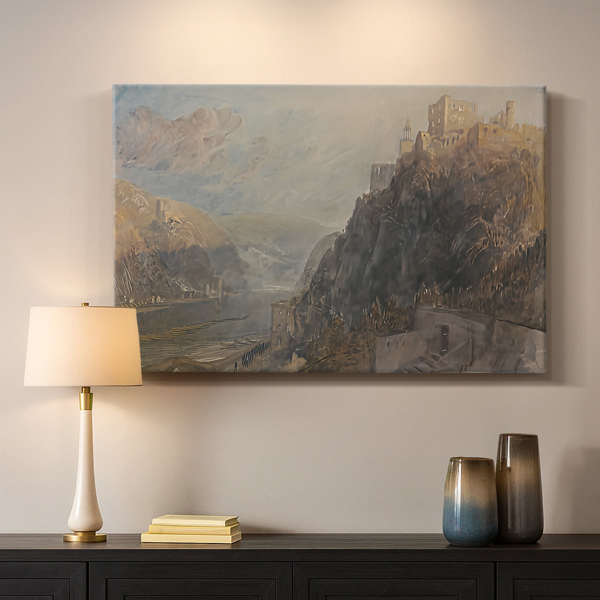 Canvas art print detailing a composition combining waterway and castles, mounted in a softly lit interior space