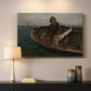 Canvas art print detailing a maritime scene with people working on water, mounted in a softly lit interior space