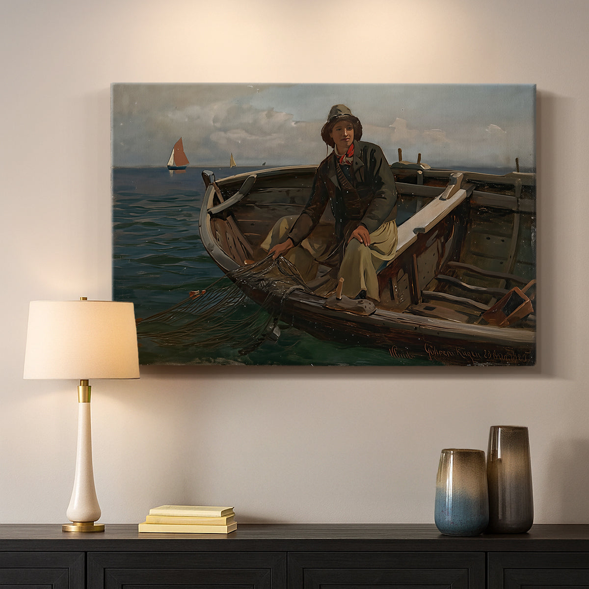 Canvas art print detailing a maritime scene with people working on water, mounted in a softly lit interior space