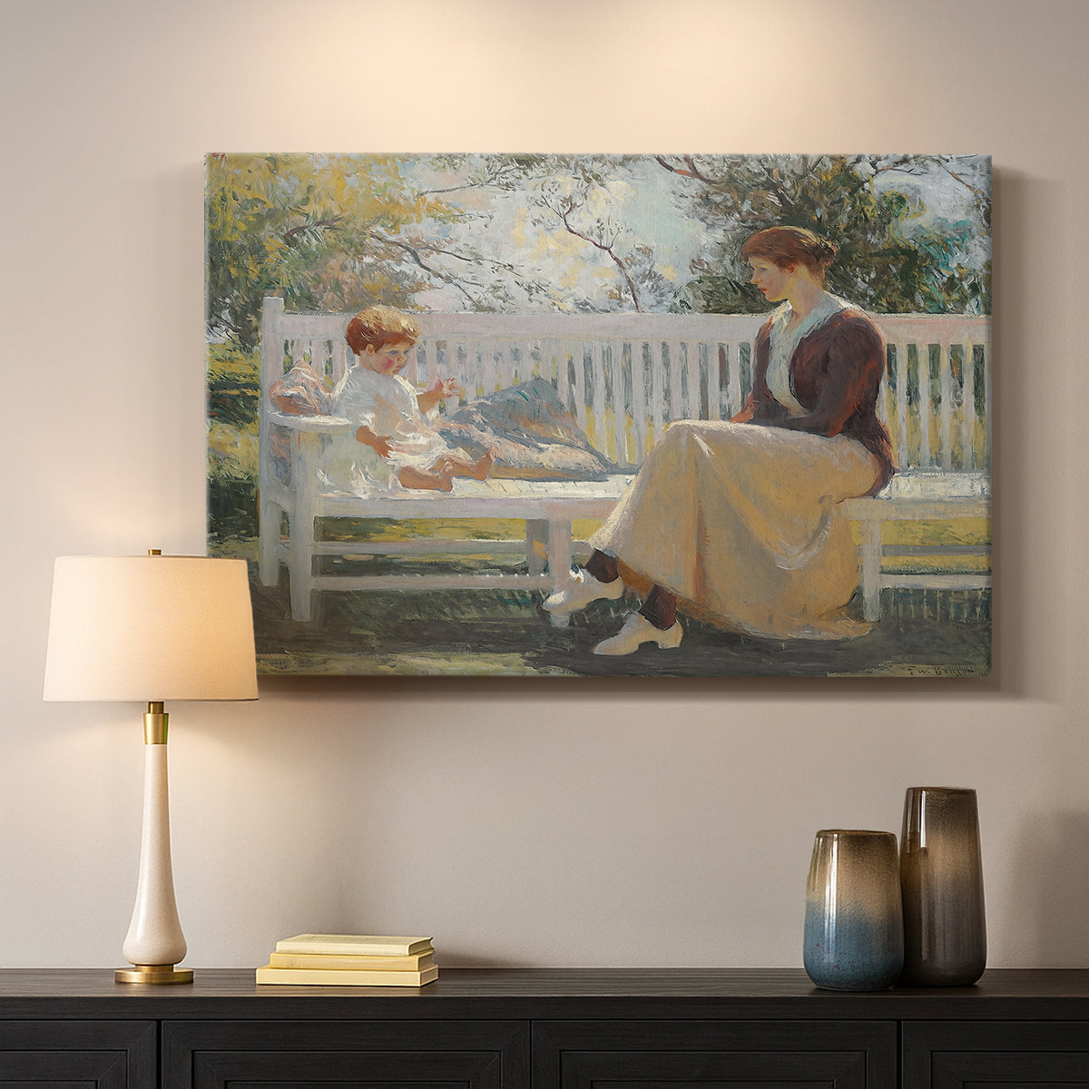 Canvas art print detailing an outdoor figure study with gentle interaction, mounted in a softly lit interior space