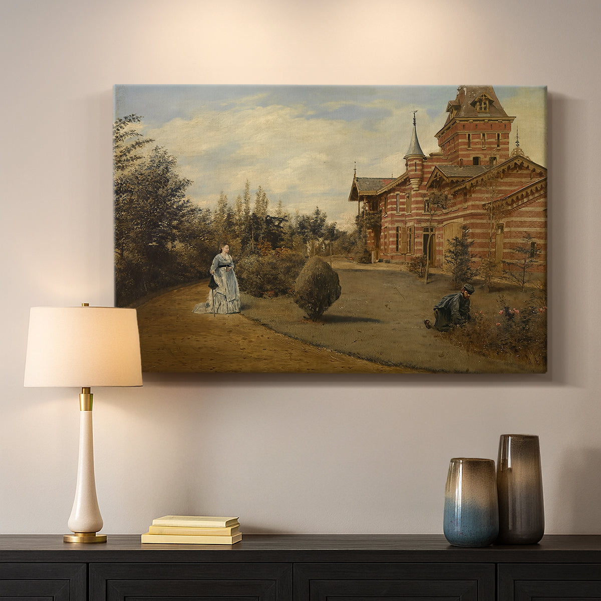 Canvas art print detailing a street view centered on building and surrounding structures, mounted in a softly lit interior space