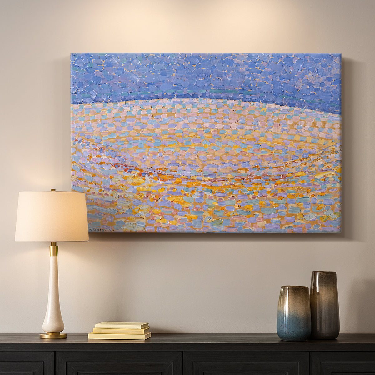 Canvas art print detailing a simplified landscape using texture and color variation, mounted in a softly lit interior space