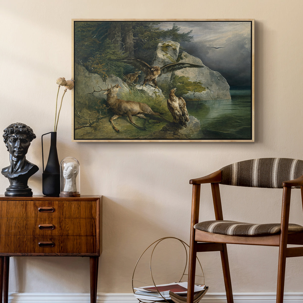 Eagles and Dying Stag on a Lakeshore, 1836 - Floater Framed Canvas Print