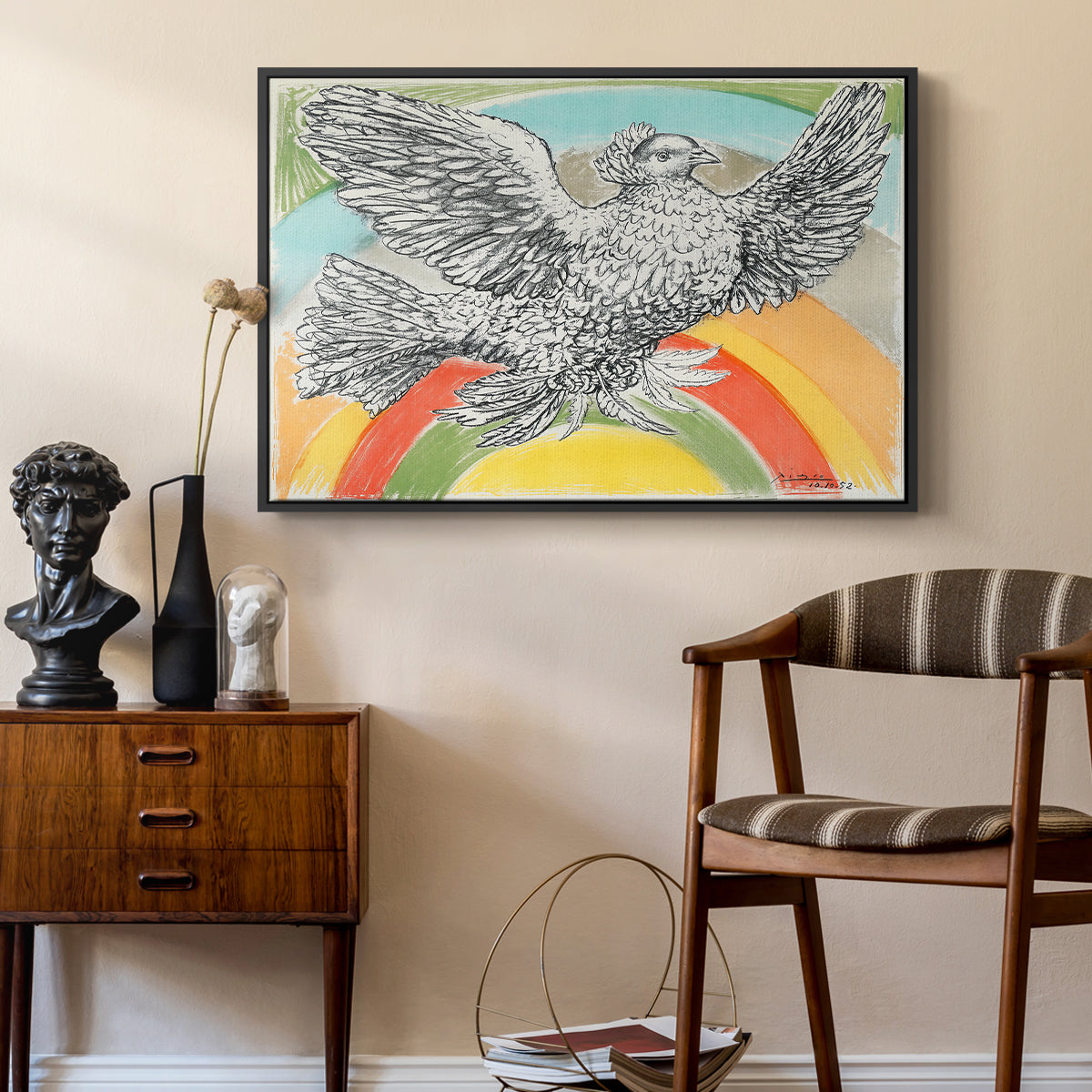 Flying Dove with Rainbow (Colombe volant à l'Arc-en-ciel), 1952 - Floater Framed Canvas Print