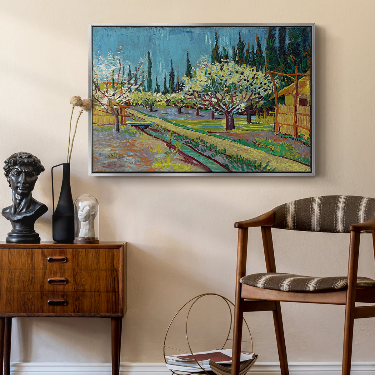 Orchard in Blossom, Bordered by Cypresses, 1888 - Floater Framed Canvas Print