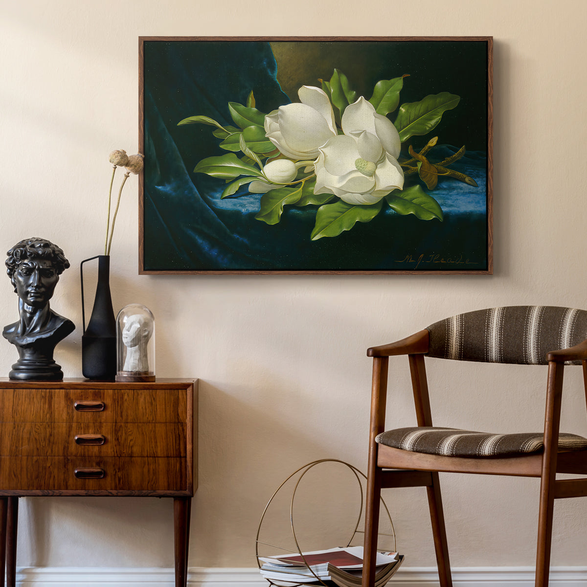 Giant Magnolias on a Blue Velvet Cloth, c. 1890 - Floater Framed Canvas Print