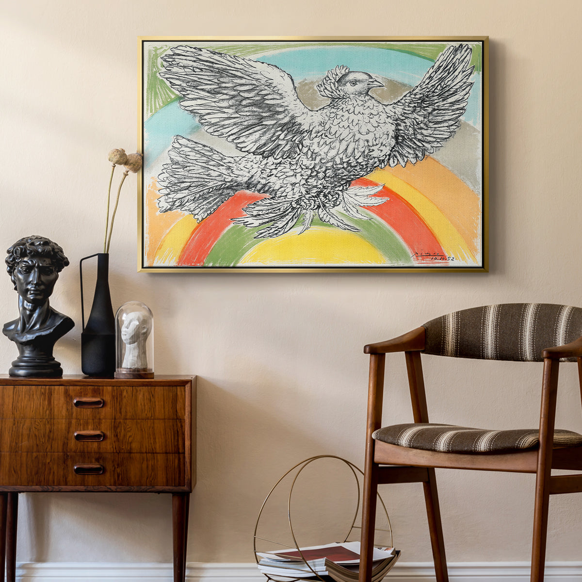 Flying Dove with Rainbow (Colombe volant à l'Arc-en-ciel), 1952 - Floater Framed Canvas Print