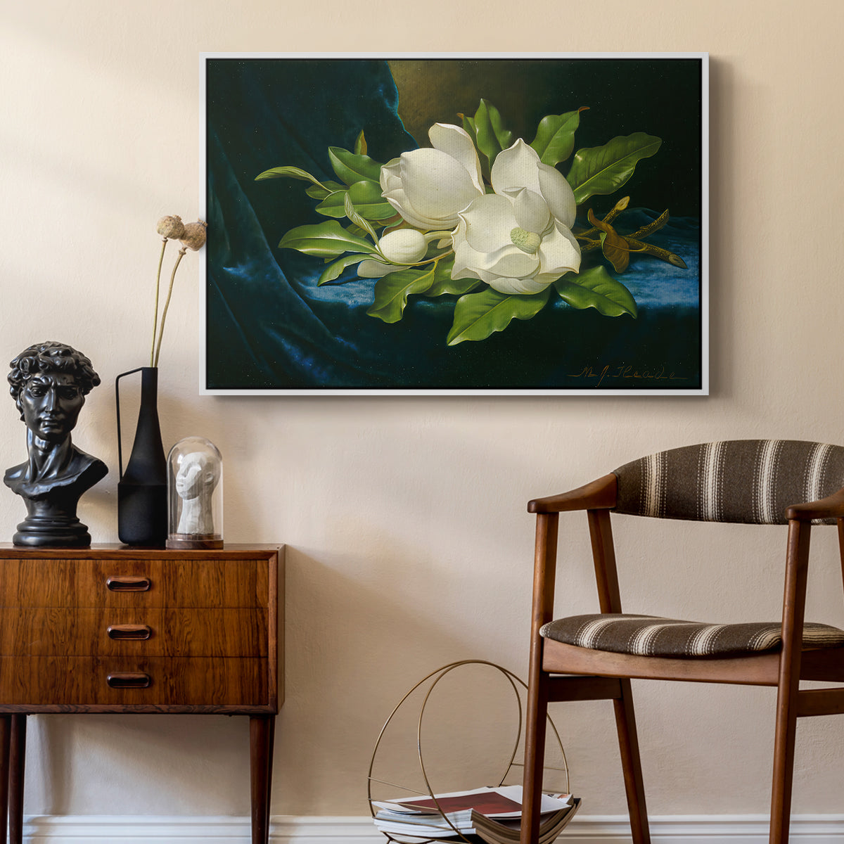 Giant Magnolias on a Blue Velvet Cloth, c. 1890 - Floater Framed Canvas Print