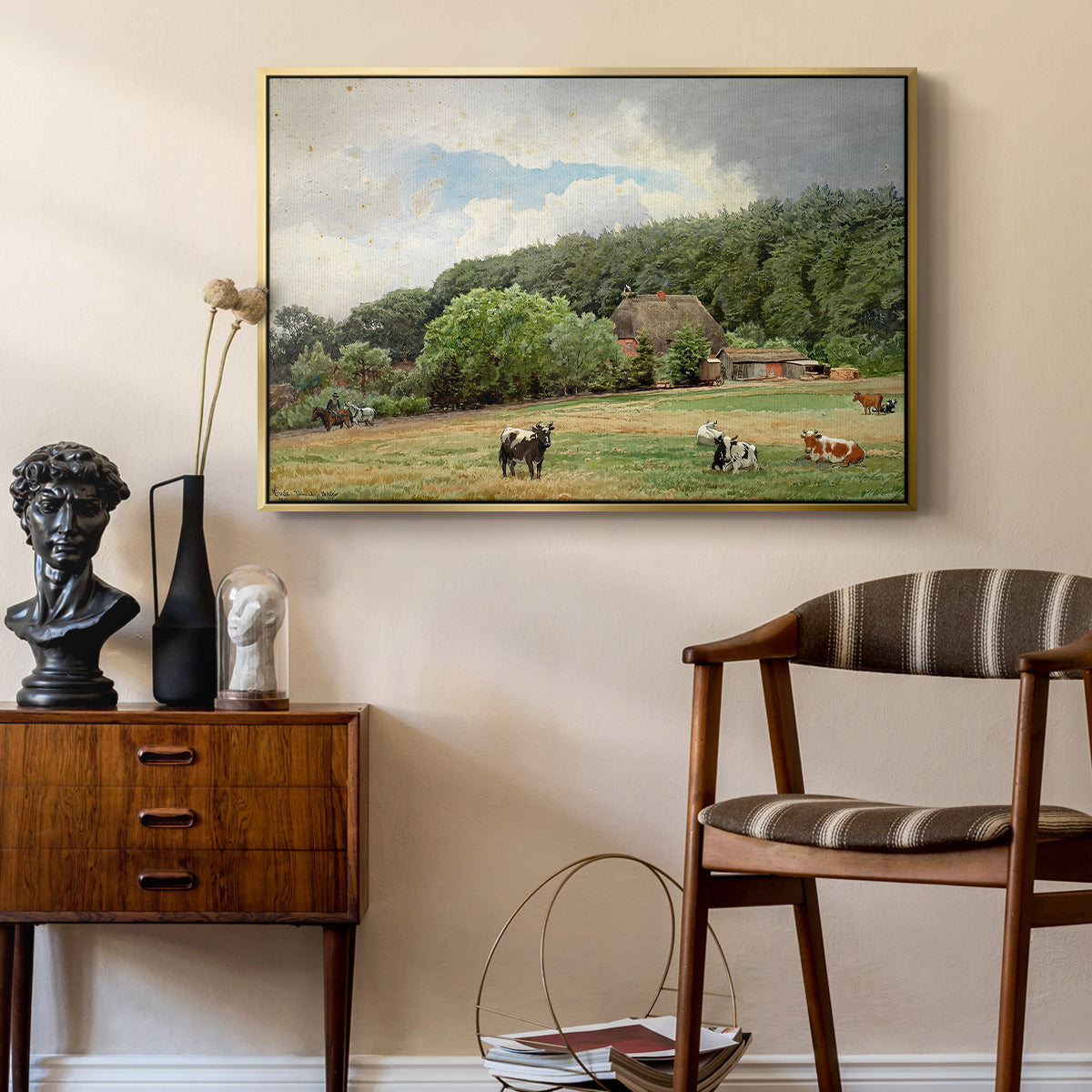 Farm with Grazing Cows (Bondegård med beitende kuer), 1892 - Floater Framed Canvas Print