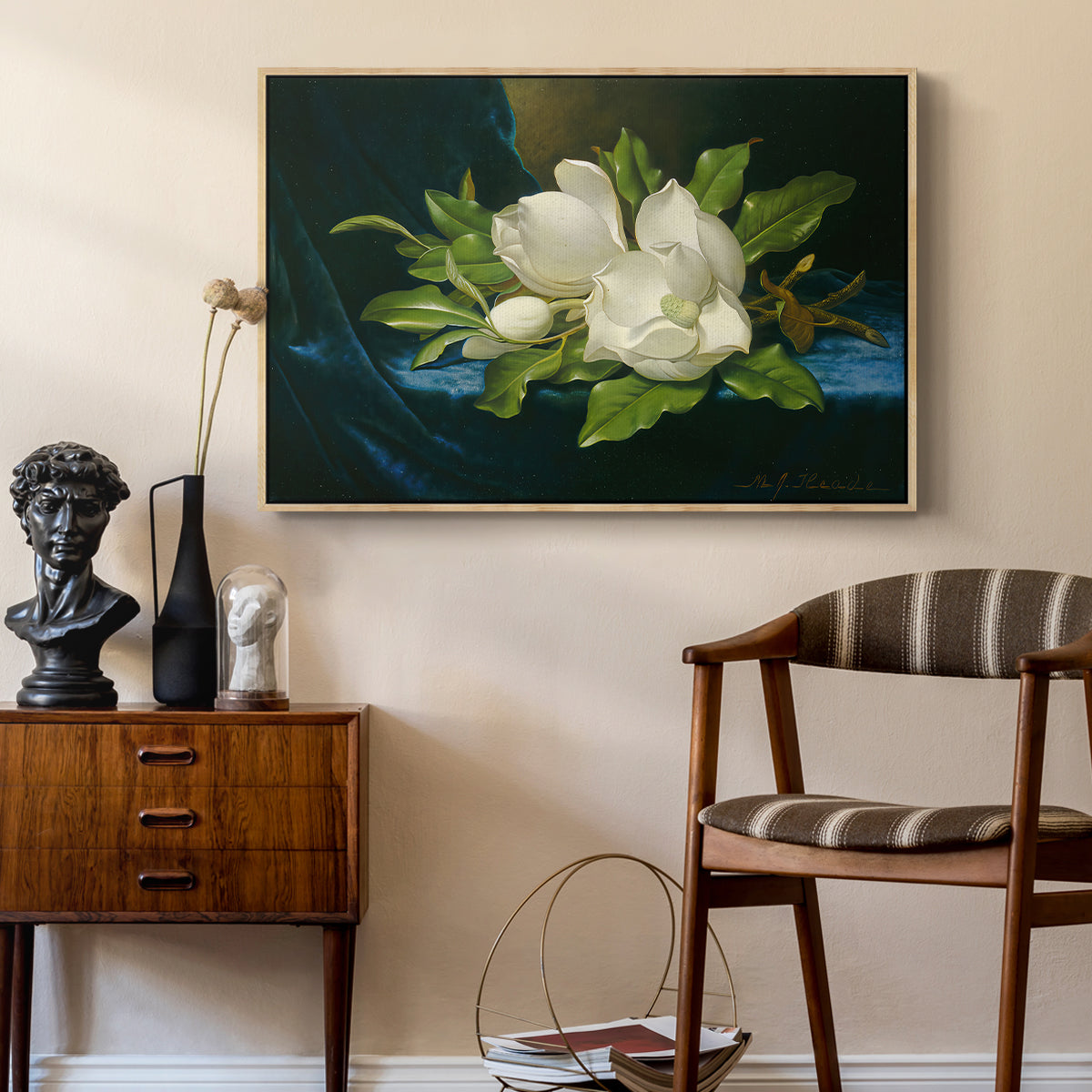 Giant Magnolias on a Blue Velvet Cloth, c. 1890 - Floater Framed Canvas Print