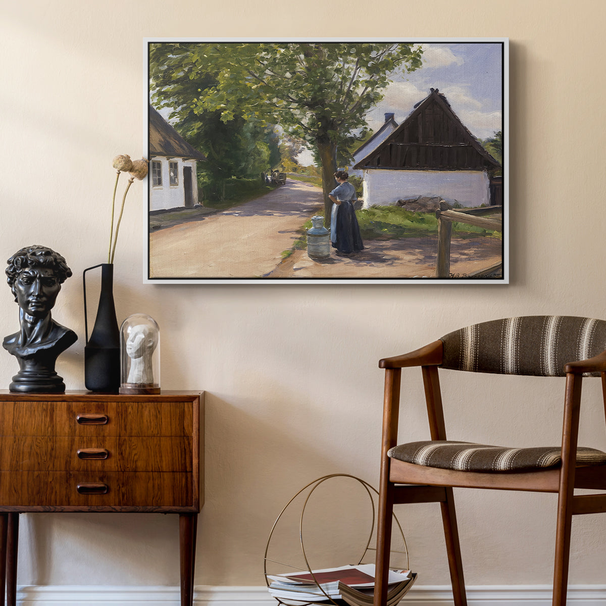 Danish Village Street with Woman and Milkman, 1880 - Floater Framed Canvas Print