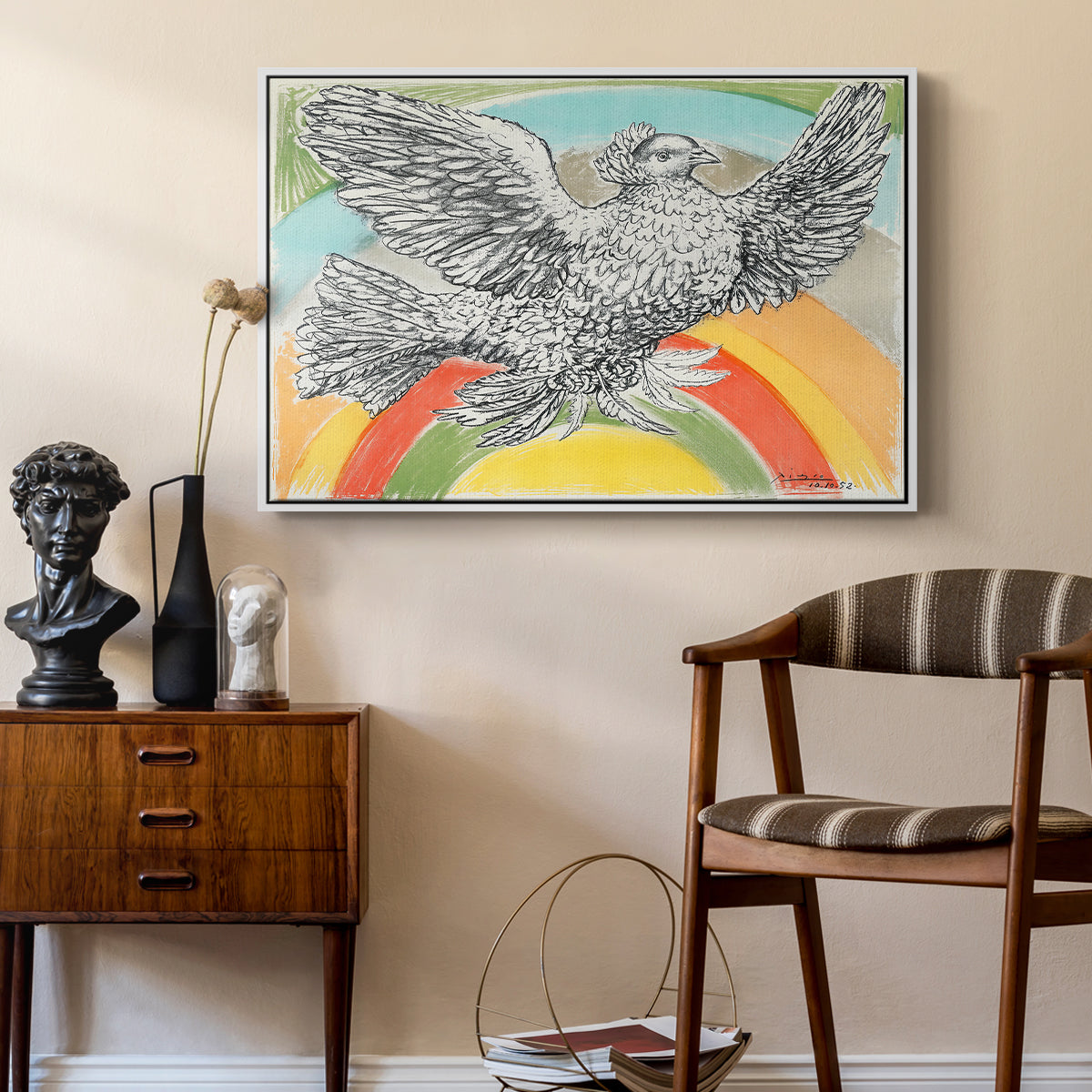 Flying Dove with Rainbow (Colombe volant à l'Arc-en-ciel), 1952 - Floater Framed Canvas Print