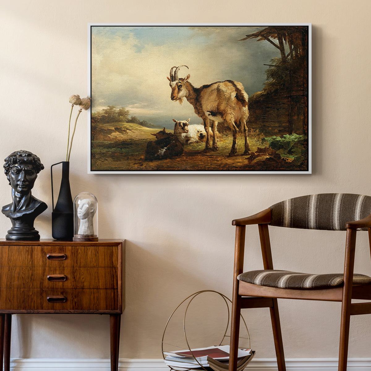 A Goat with Two Kids - Floater Framed Canvas Print
