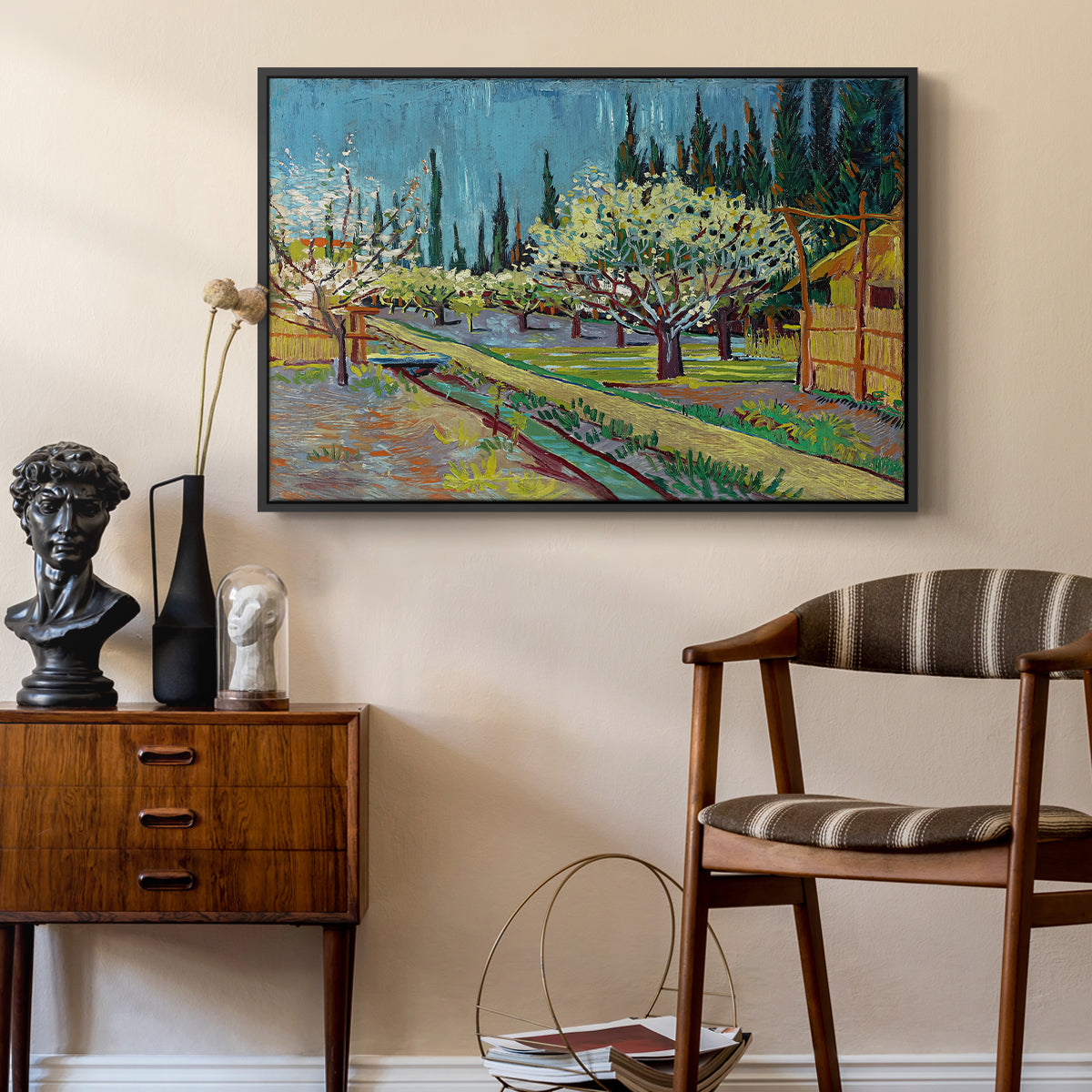 Orchard in Blossom, Bordered by Cypresses, 1888 - Floater Framed Canvas Print