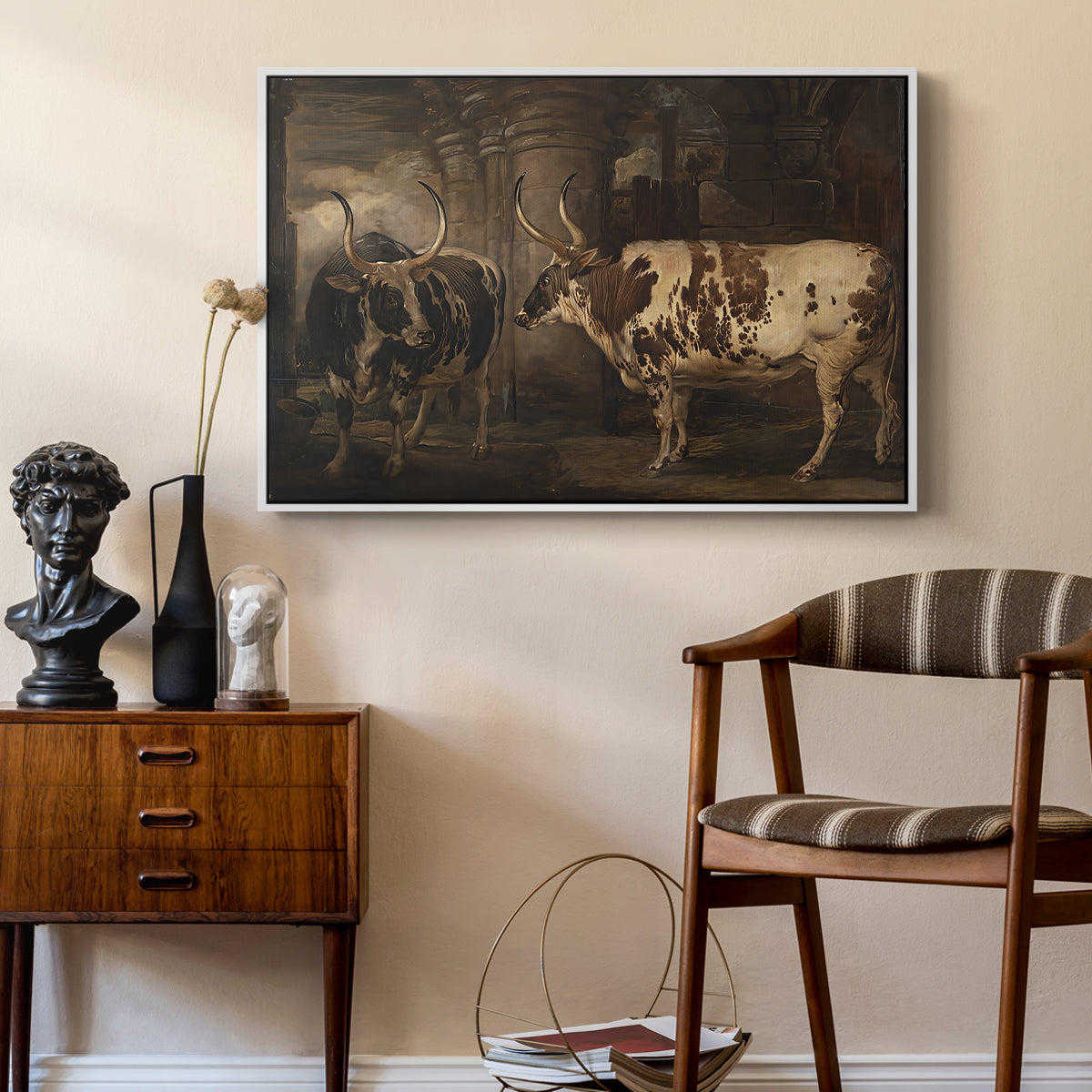 Portraits of Two Extraordinary Oxen, Property of the Earl of Powis, 1814 - Floater Framed Canvas Print