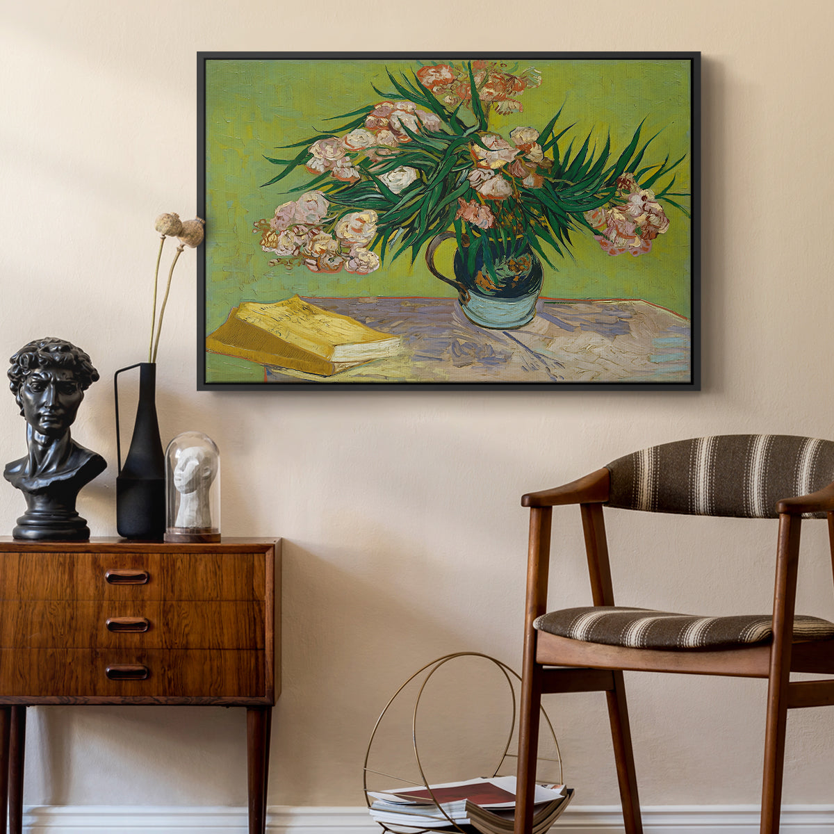 Vase with Oleanders and Books, 1888 - Floater Framed Canvas Print