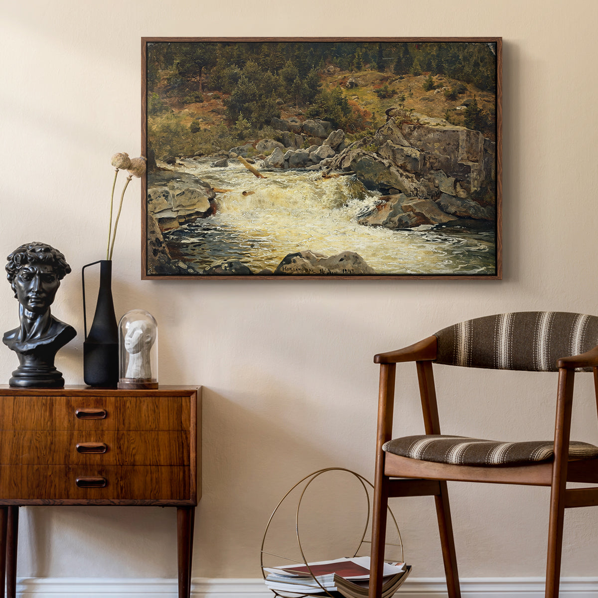 Waterfall in Hallingdal, 1848 - Floater Framed Canvas Print