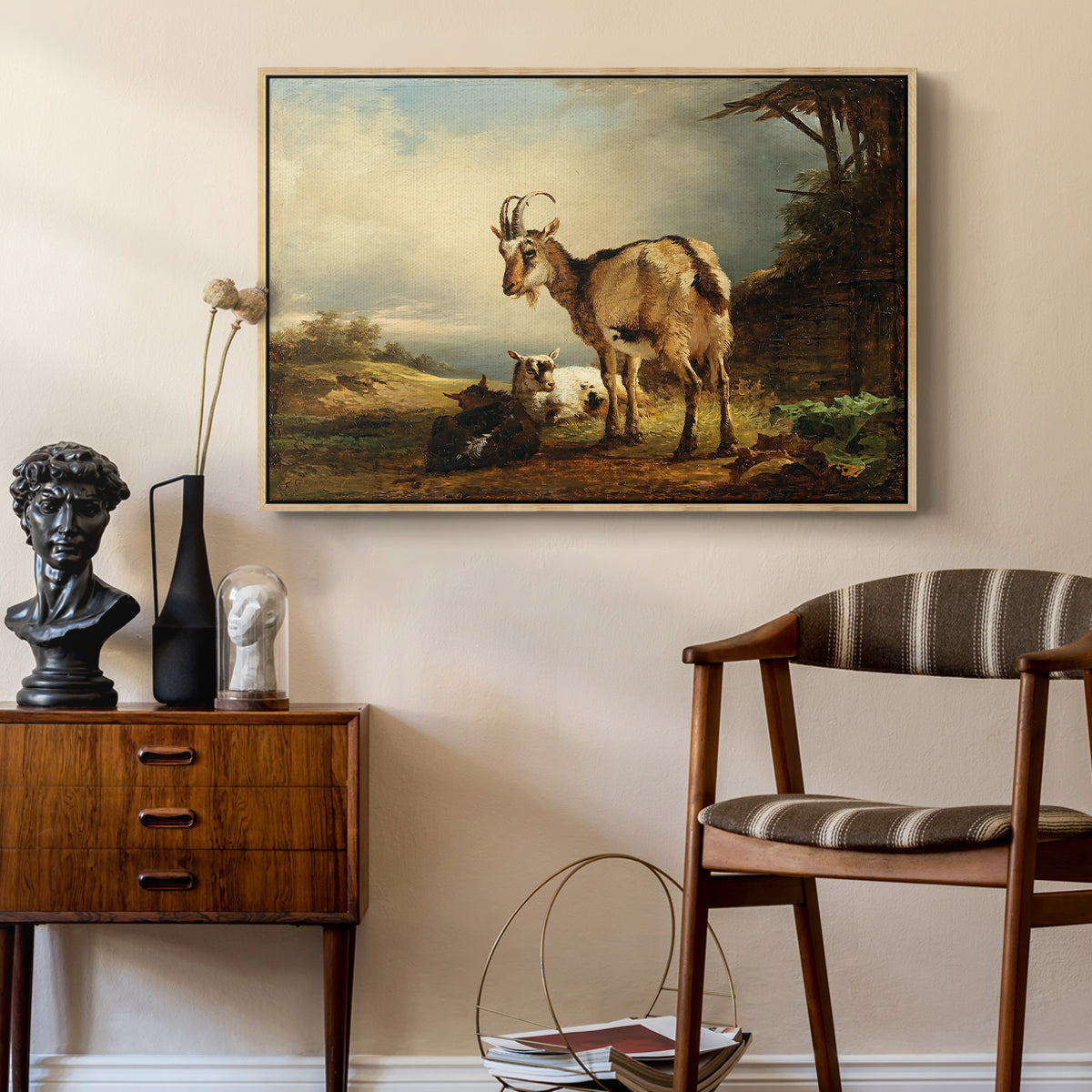 A Goat with Two Kids - Floater Framed Canvas Print