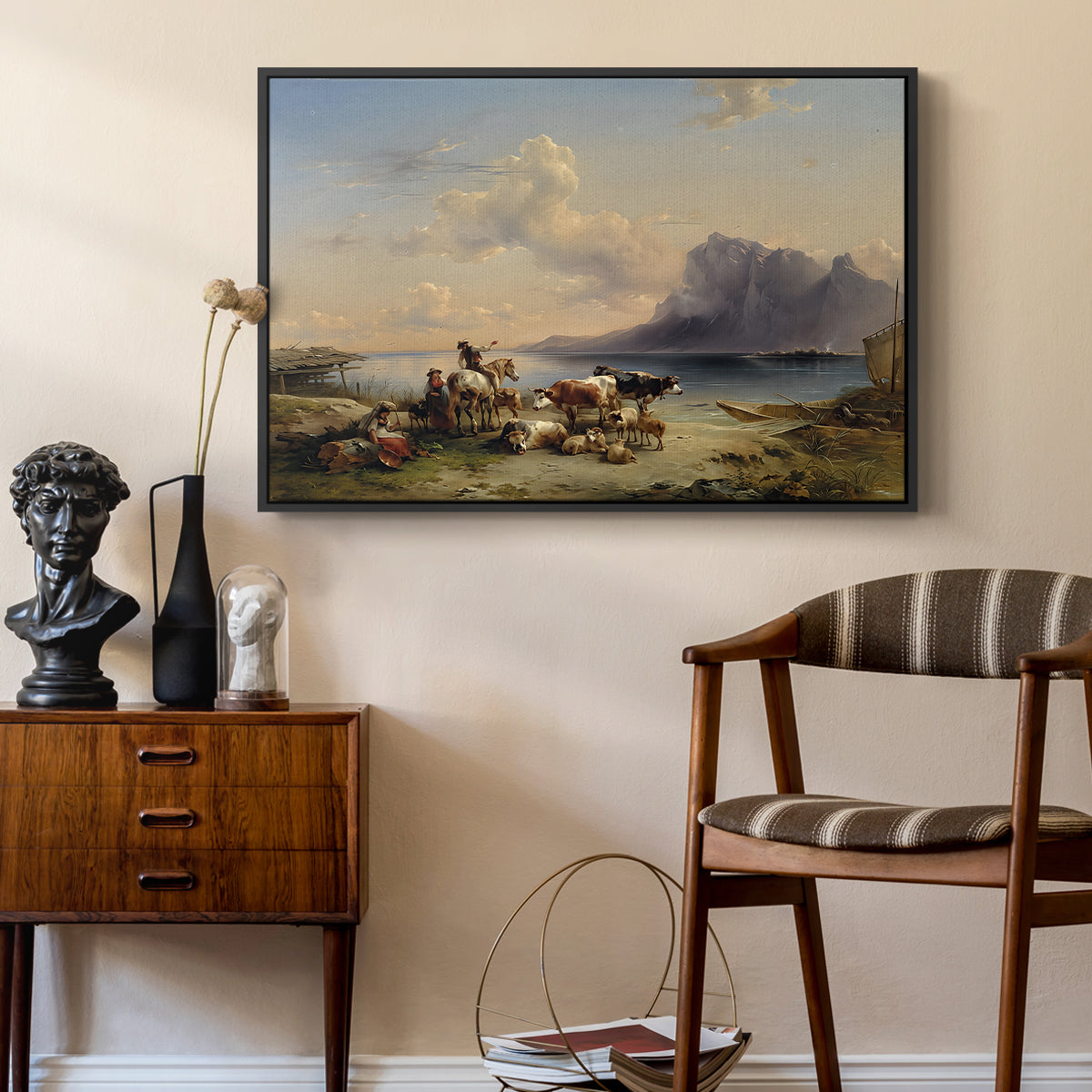 Shepherds and Cattle on Lake Attersee, 1852 - Floater Framed Canvas Print