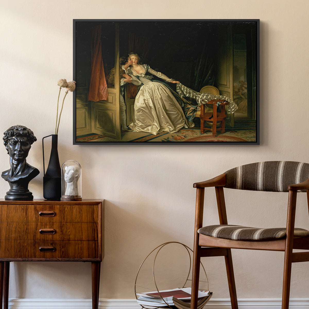 The Stolen Kiss (Le Baiser à la dérobée), c. 1788 - Floater Framed Canvas Print